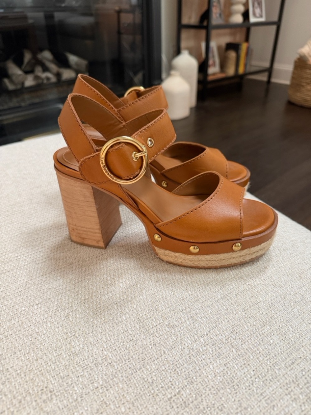 See By Chloé Viviane Cognac Leather Platform Sandals with Gold Ring Buckle